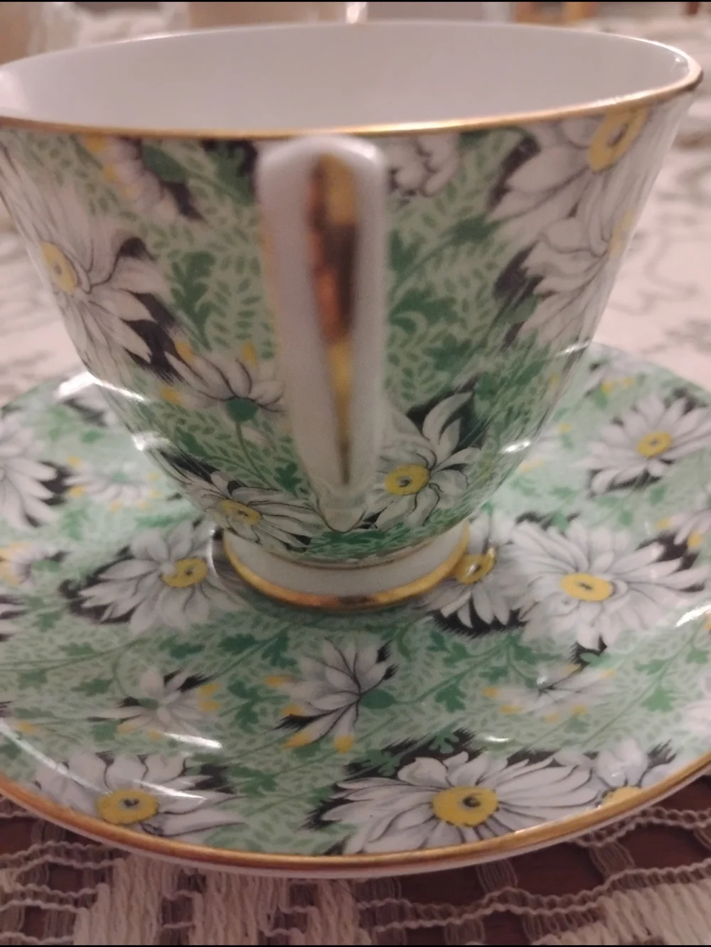 Shelley Green Daisy Chintz Bone China Cup & Saucer Set. Rare Ripon Shape